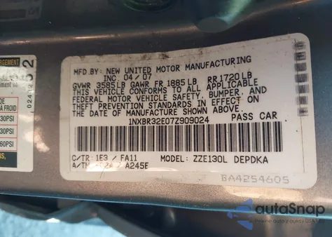 2007 Toyota Corolla Ce from USA, damaged, VIN 1NXBR32E07Z909024